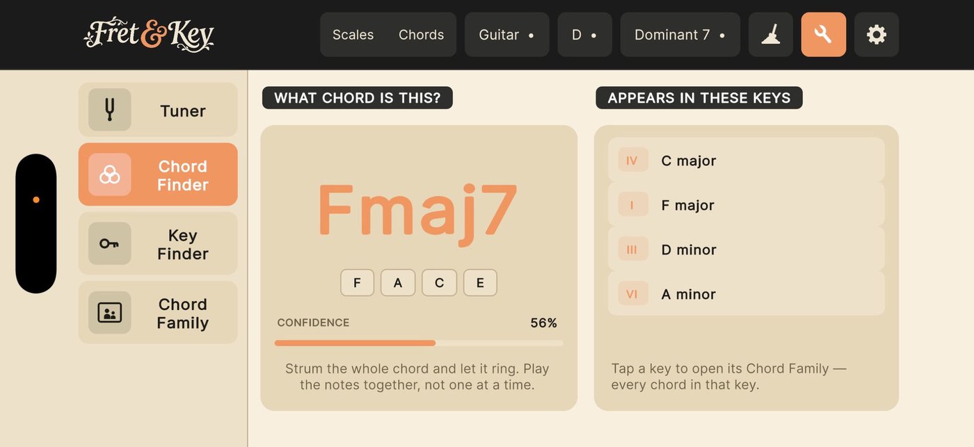 Fret & Key chord detector identifying a strummed chord as Fmaj7